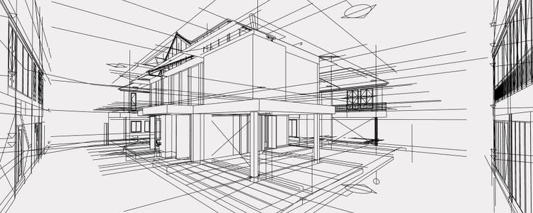 Abstract 3D render of building wireframe structure.