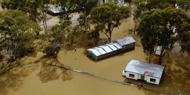Aerial view of flooded farmland