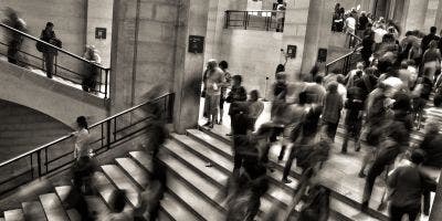 People walking up and down stairs