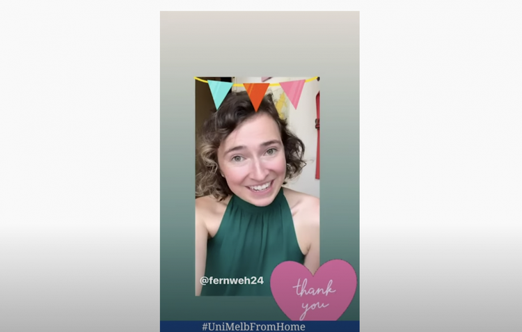 Master of Applied Linguistics student, Sarah talking to camera smiling with the words thank you in a love heart cartoon at the bottom righthand corner of the screen