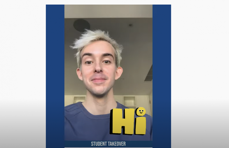 Juris Doctor student Chris introducing himself to camera with the word hi on the screen in yellow