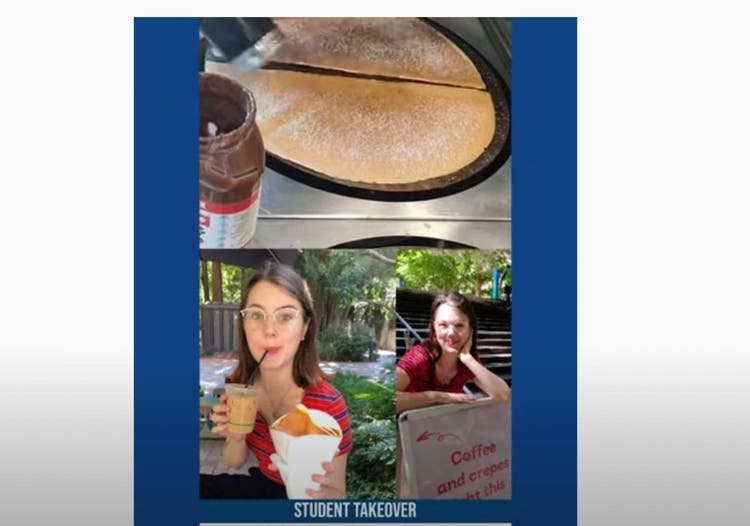 Photo collage of Bachelor of Agriculture student Saxon eating crepes and drinking ice coffee at our Parkville campus