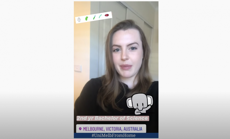 Second year, Bachelor of Science student Courtney introducing herself to camera with cartoon elephant waving