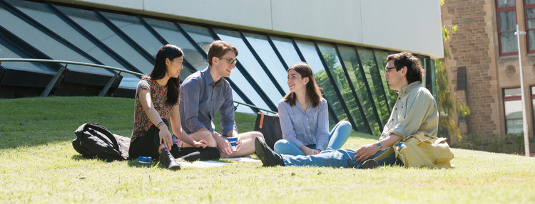 Group of students sit on lawn chatting on campus.
