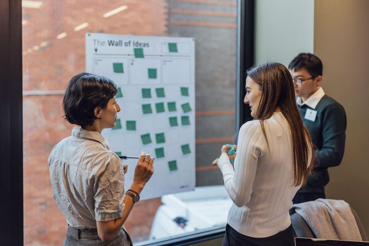 Students infront of a whiteboard with post-its