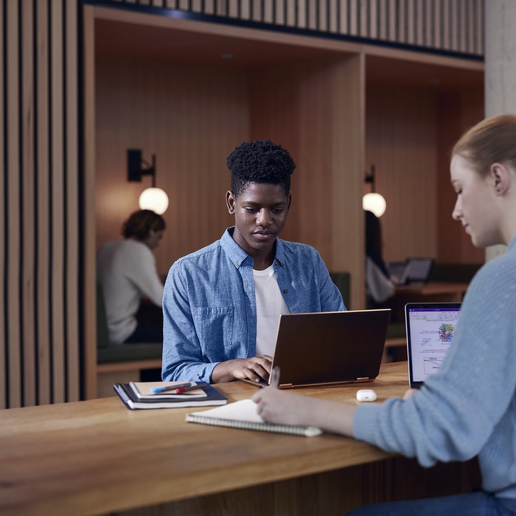 Two students in library working on their laptops